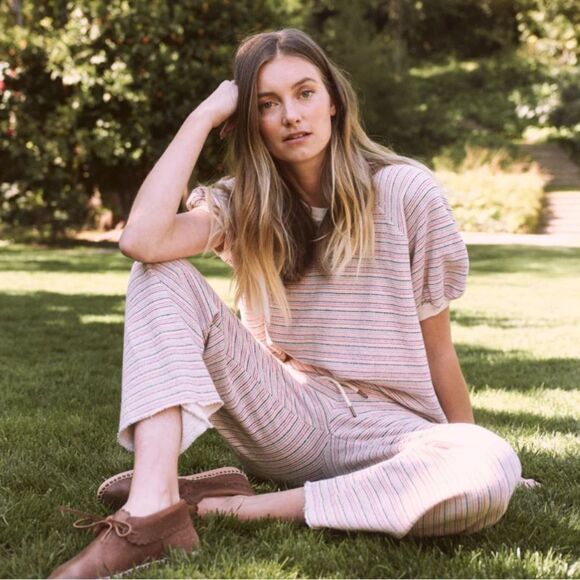 THE GREAT. Striped Crew Neck Sweater - Pink and Cream - Picture 3 of 11